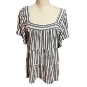 Terra & Sky Women Shirt Linen Blend Striped Blue White 14W Coastal Summer Beachy